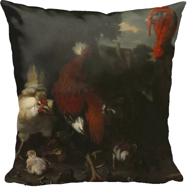 A Hen, Rooster and Turkey in a Farmyard (oil on canvas)