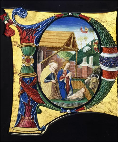 A large historiated initial P, depicting a Nativity scene, c
