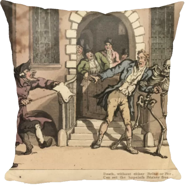 The skeleton of Death frees a prisoner from debtors gaol in front of his distraught family. Handcoloured copperplate drawn and engraved by Thomas Rowlandson from The English Dance of Death, Ackermann, London, 1816