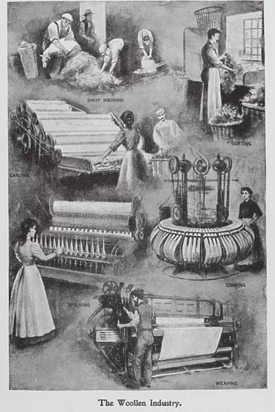 The Woollen Industry, illustration for The Romance and Realm of Commerce, A Book for Parents and Sons, by Alfred Morris, 1904 (litho)