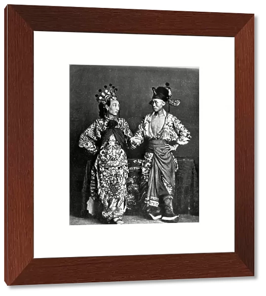 China, 2 actors (men) dance, c. 1870 (photo)