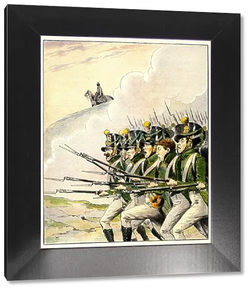 French soldiers during the Battle of Waterloo (colour litho)