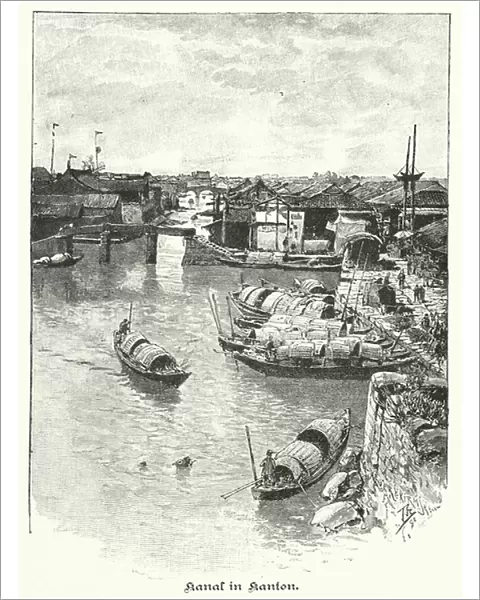 Canal in Canton, China (engraving)