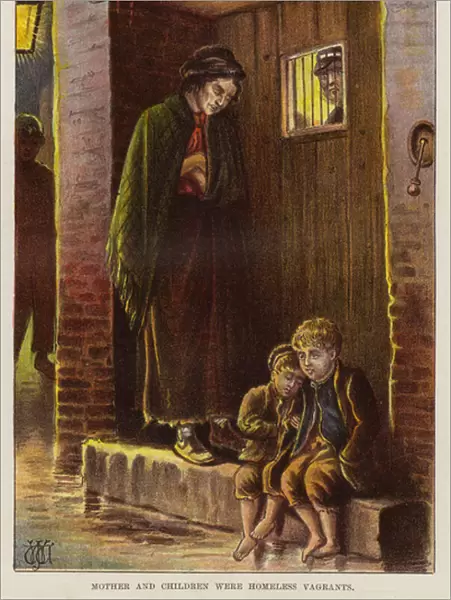 Homeless mother and children in Victorian Britain (chromolitho)