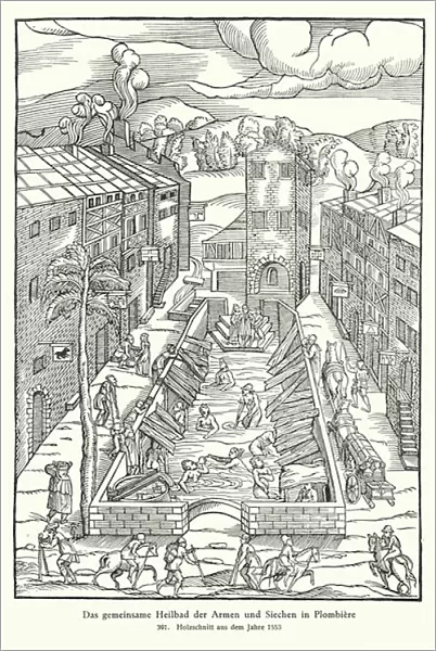 Spa for the poor and sick at Plombieres, France (woodcut)