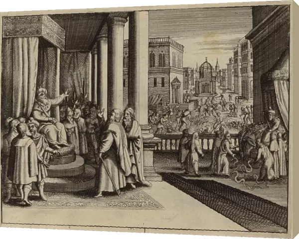 Moses and Aaron asking Pharaoh if he will let their people leave Egypt (engraving)