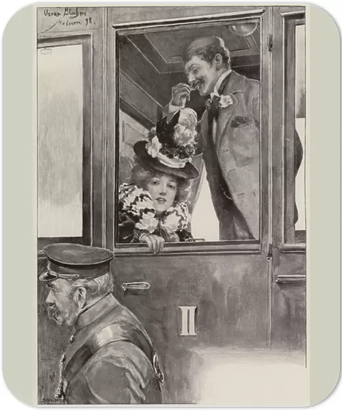 Man on a train pleased that a breakdown means he gets to spend longer in the company of an attractive female fellow passenger (litho)