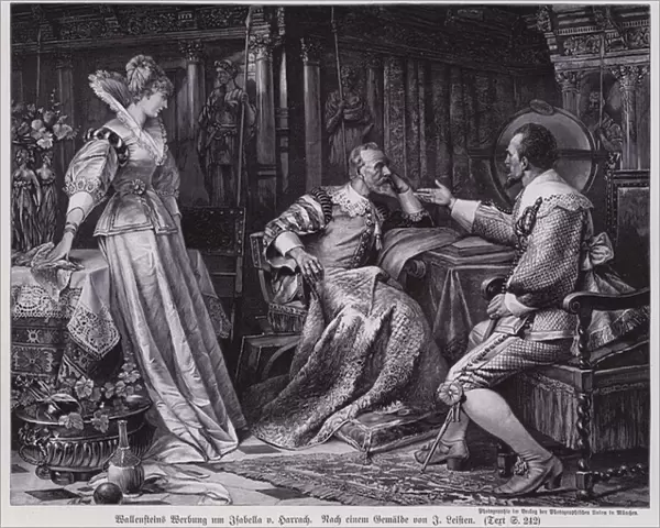 Albrecht von Wallenstein, Bohemian Catholic military commander of the Thirty Years War, asking Karl von Harrach for the hand of his daughter Isabella in marriage, 1622 (engraving)
