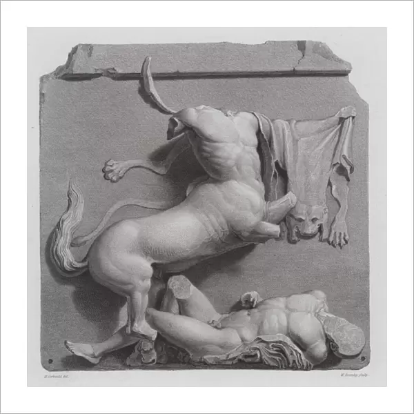 Centaur defeating a Greek warrior, ancient Greek marble sculpture from the Parthenon, Athens (engraving)