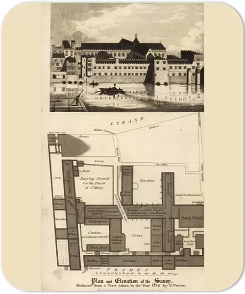 Plan and elevation of the Savoy buildings, London, 1736, 1816 (engraving)
