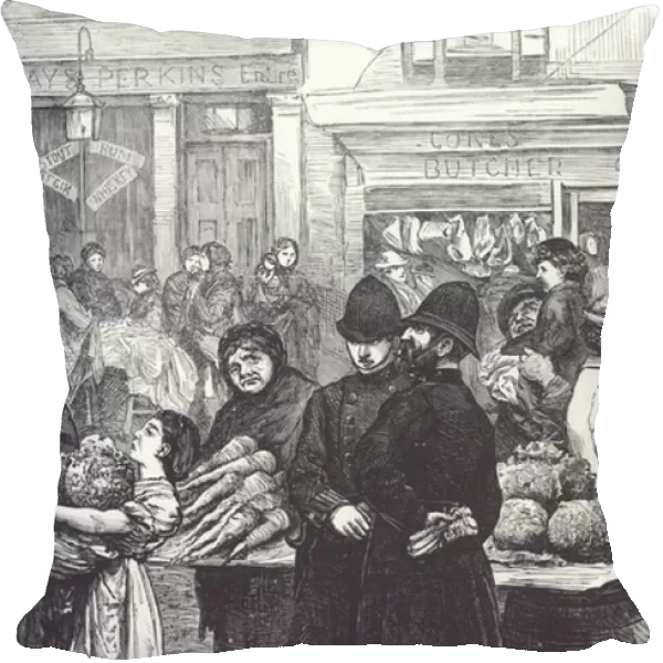 Victorian street market with police, late 19th century (engraving)