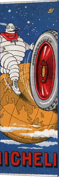 Bibendum, the Michelin man with a tire around the earth globe. circa 1930 (illustration)