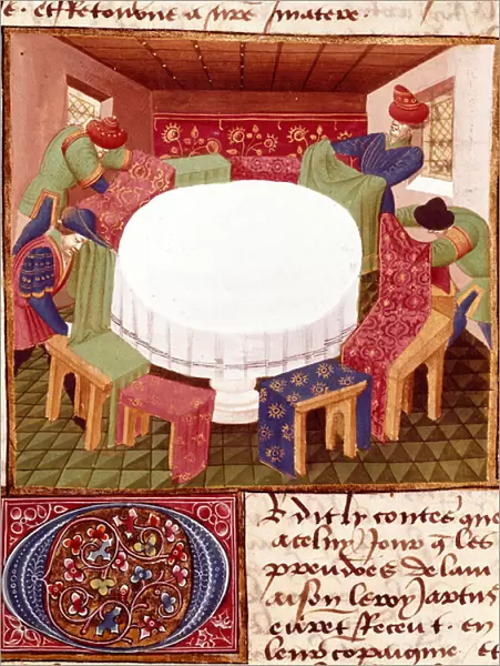 Preparatives of the Round Table at the Arrival of the Miniature Knights taken from 'Romanesque du Chevalier Tristan'by Master Charles de Maine (Beroul version). 1440-1460. Chantilly, Conde Museum