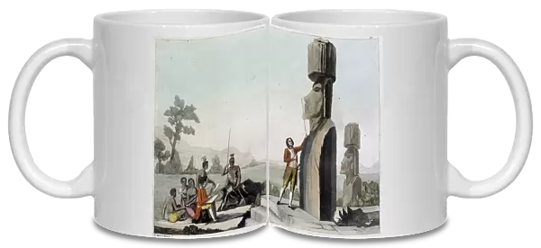 Jean-Francois Galaup, Count of La Perouse (Jean Francois Laperouse, 1741-1788) in front of the statues of Easter Island (Rapa Nui) - in 'Le costume ancien et moderne'by Ferrario, ed. Milan, 1819-20