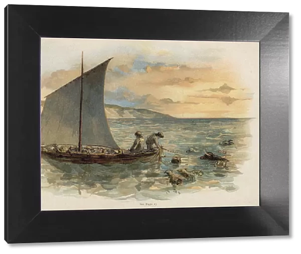 Scene from The Swiss Family Robinson: bringing the animals from the wreck (chromolitho)