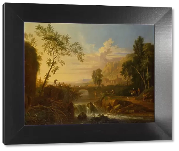 A Wooded Landscape with a Peasant Couple by a Tomb and Fishermen by a Waterfall (oil)