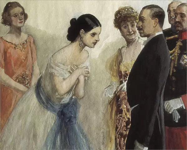 Presentation d une dame a Alfonso (Alphonse) XIII d Espagne (1886-1941). Peinture de Adolfo Lozano Sidro (1872-1935), huile sur toile. Collection privee