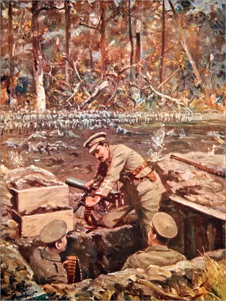 Lieutenant Dimmer repairing a machine-gun while exposed to the fire of the advancing Prussian Guard (colour litho)