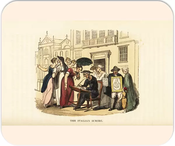 A letter writer with customers in Padua, Italy, 19th century. 1831 (engraving)