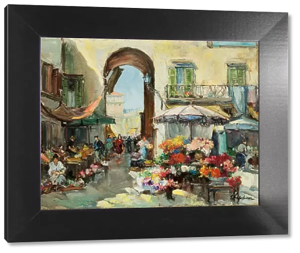 A Flower Market in Nice (oil on canvas)