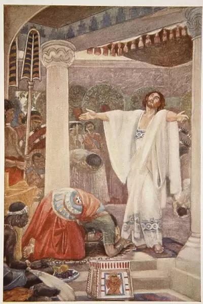 Daniel interprets the dream of Nebuchadnezzar, illustration from Myths and Legends of Babylonia and Assyria by Lewis Spence, 1916 (colour litho)