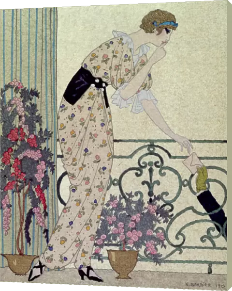 'Gazette du Bon Ton', costume plate from the 'N en Dites Rien', a lady standing on a balcony receiving a letter, 1913