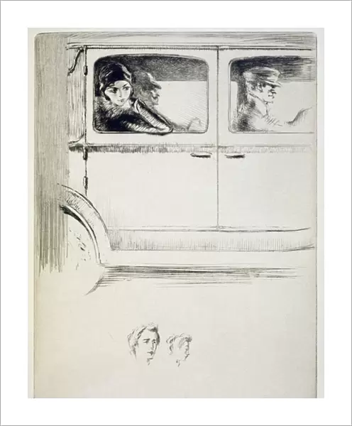 A couple in a chauffeur driven car, illustration for Mitsou by Sidonie-Gabrielle Colette (1873-1954) published 1930 (etching & drypoint)