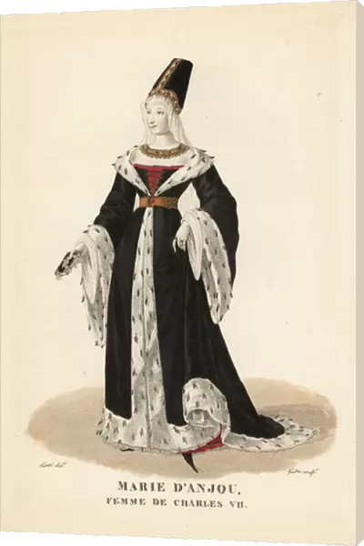 Marie of Anjou, Queen of France, wife of King Charles VII. She wears a truncated hennin, jeweled necklace, and black velvet robe lined with ermine, crakows or foals
