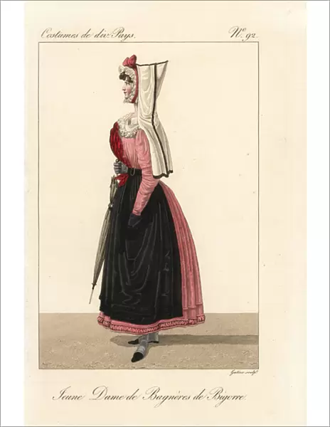Young lady of Bagneres-de-Bigorre, French Pyrenees, 19th century. She wears the Pyrenean capulet or hood, in fine cashmere lined with velvet, over a fontange bonnet decorated with lace and ribbons