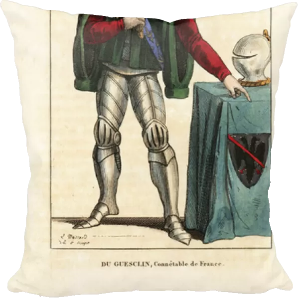 Bertrand du Guesclin, Constable of France, 1314-1380. He wears a velvet pelisse over plate armour, holds the constables sword. On a table is a helm and Guesclin blazon: argent, sable eagle, band gules. From an ancient drawing