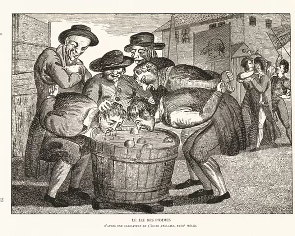 Peasants ducking for apples in a barrel, 18th century. 1906 (lithograph)