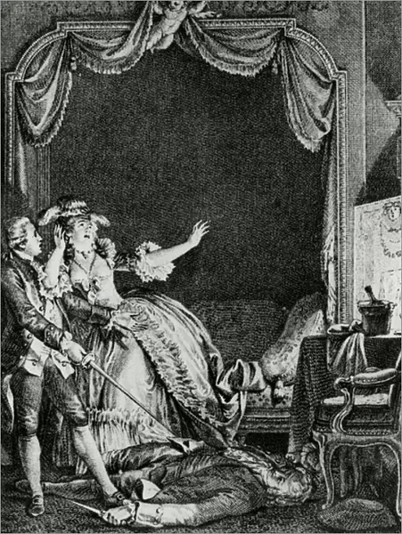 Sainte Vierge!s ecria-t-elle qu allons nous devenir? Un Homme tue chez moi!, illustration from chapter 9 of Candide by Francois Voltaire (1694-1778) engraved by Philippe Triere (1756-1815)