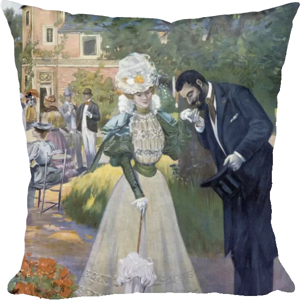 Belle epoque: 'Hand sex': a man greeting a woman at a reception. Illustration of Jeanniot for 'Le Figaro illustrious'Start of the 20th century Paris, Decorative Arts
