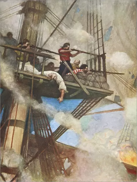The fight in the Fire-tops against an English ship (colour litho)