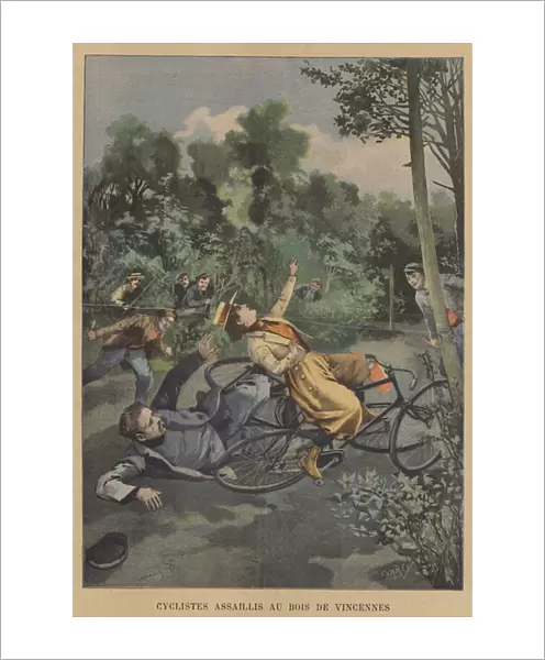 Cyclists attacked in the Bois de Vincennes, Paris (colour litho)