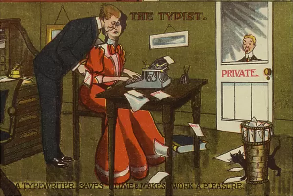 The Typist - a typewriter saves time and makes work a pleasure (colour litho)