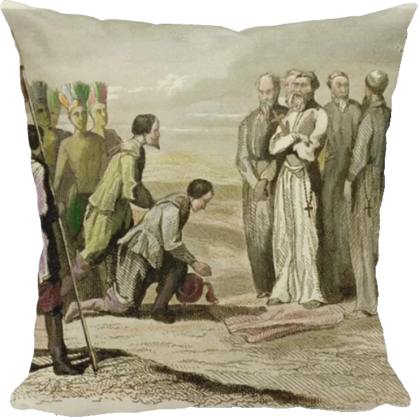 Cortes at the feet of Martin de Valencia (hand-coloured engraving)