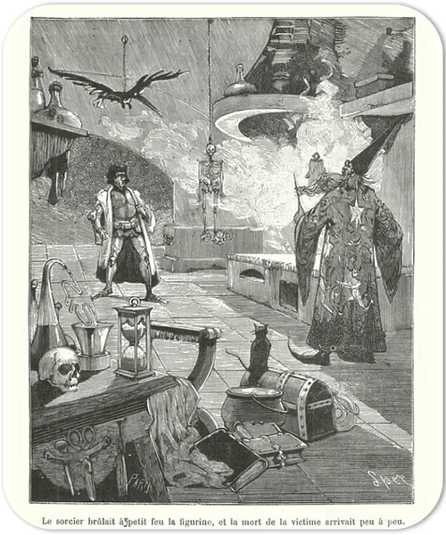 Sorcerer killing a person by burning a small figurine of them (engraving)