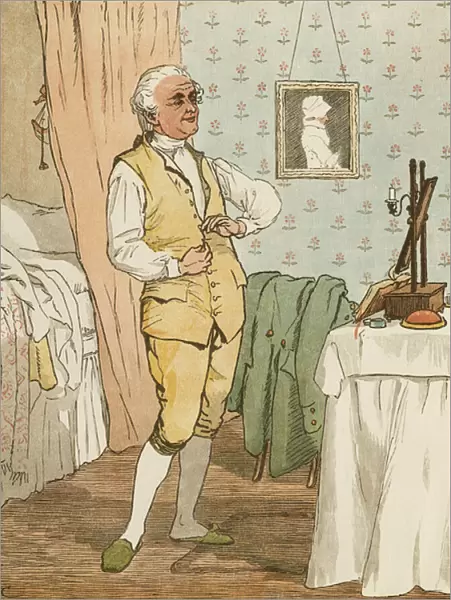 An Elegy on the Death of a Mad Dog by Oliver Goldsmith. The good man of Islington dressing. Illustration by Randolph Caldecott