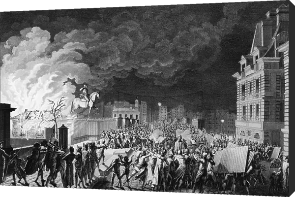 First of the French revolution: Fire of the guard corps on the Pont Neuf in Paris on 29 August 1788. Drawing and engraving by Girardet. Paris, Library of the Institute of History of Revolution