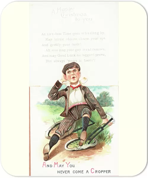 Boy fallen from bicycle, Christmas Card (chromolitho)