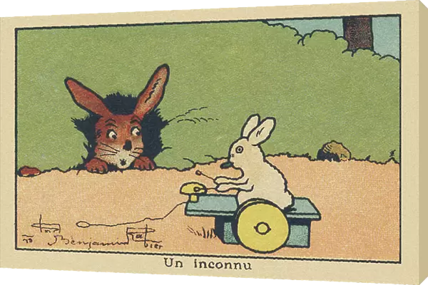 From the entrance of his burrow a rabbit observes a rabbit playing a musical toy with wheels. ' A stranger', 1936 (illustration)