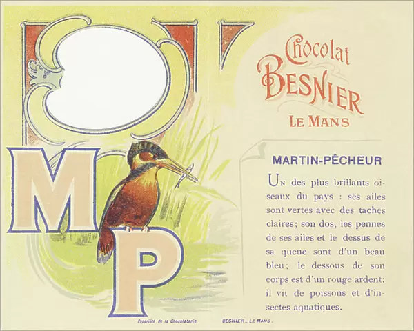 M P uppercase letters and description of the Kingfisher, 1890 (chromolithography)