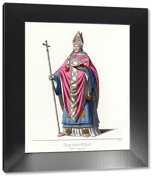 Clerical costume: un archveque du 14th century - Archbishop, 14th century - He wears a mitre decorated with gold, pink alb, blue dalmatic tunic, pink shoes - He holds a cross