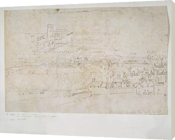 Sheet of Studies of the Palaces of Hampton Court and Richmond and Surrounding Countryside, 1558-1561 (pen and brown ink)