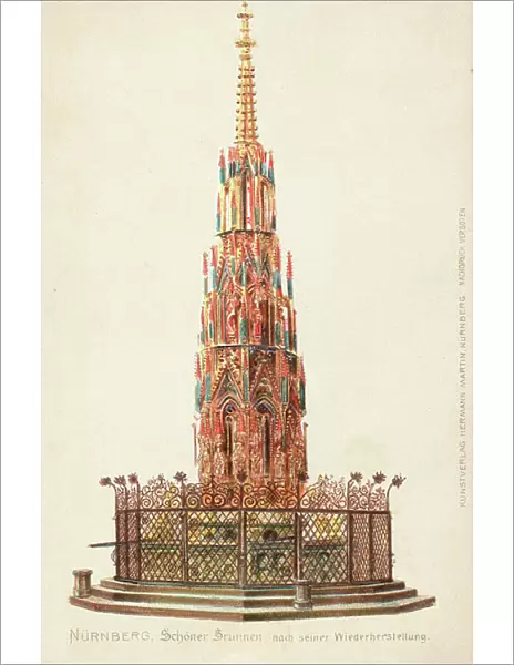 Fountain in Nuremberg after restoration (colour litho)