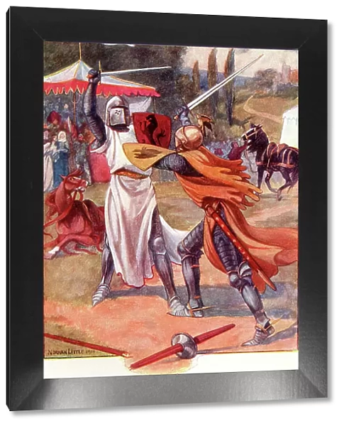 Fighting Knights in Armour. Coloured illustration from the book The Gateway to Tennyson published 1910