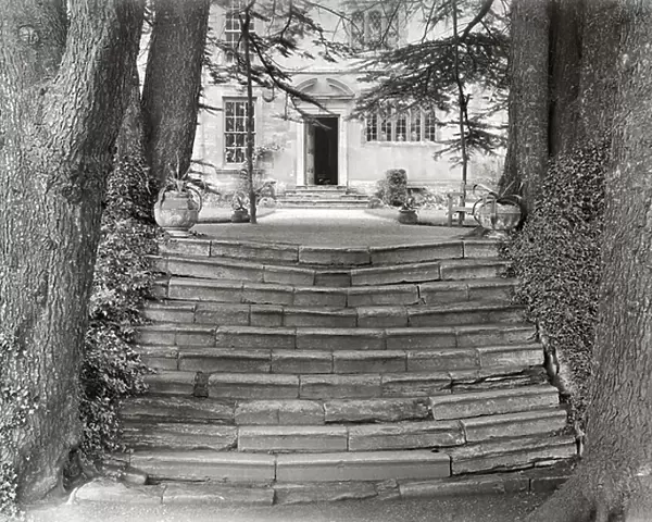Steps leading to the lower garden on the south front, Canons Ashby, from The English Country House (b / w photo)