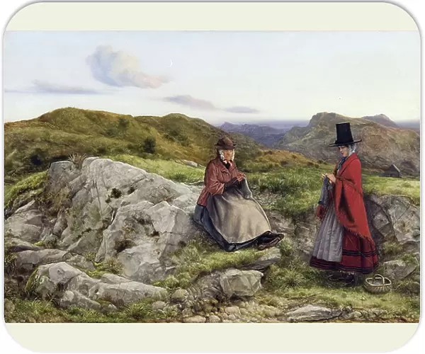Welsh Landscape with Two Women Knitting, 1860 (oil on board)