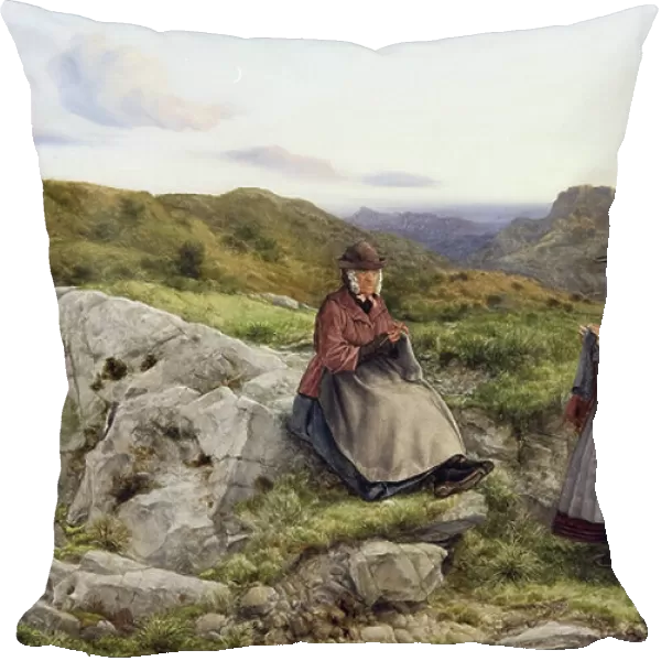 Welsh Landscape with Two Women Knitting, 1860 (oil on board)